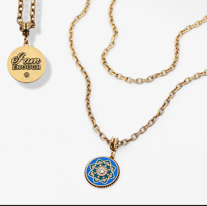 I Am Enough Blue Enamel Mandala Pendant Necklace