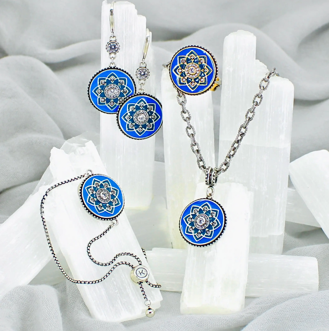I Am Enough Blue Enamel Mandala Pendant Necklace
