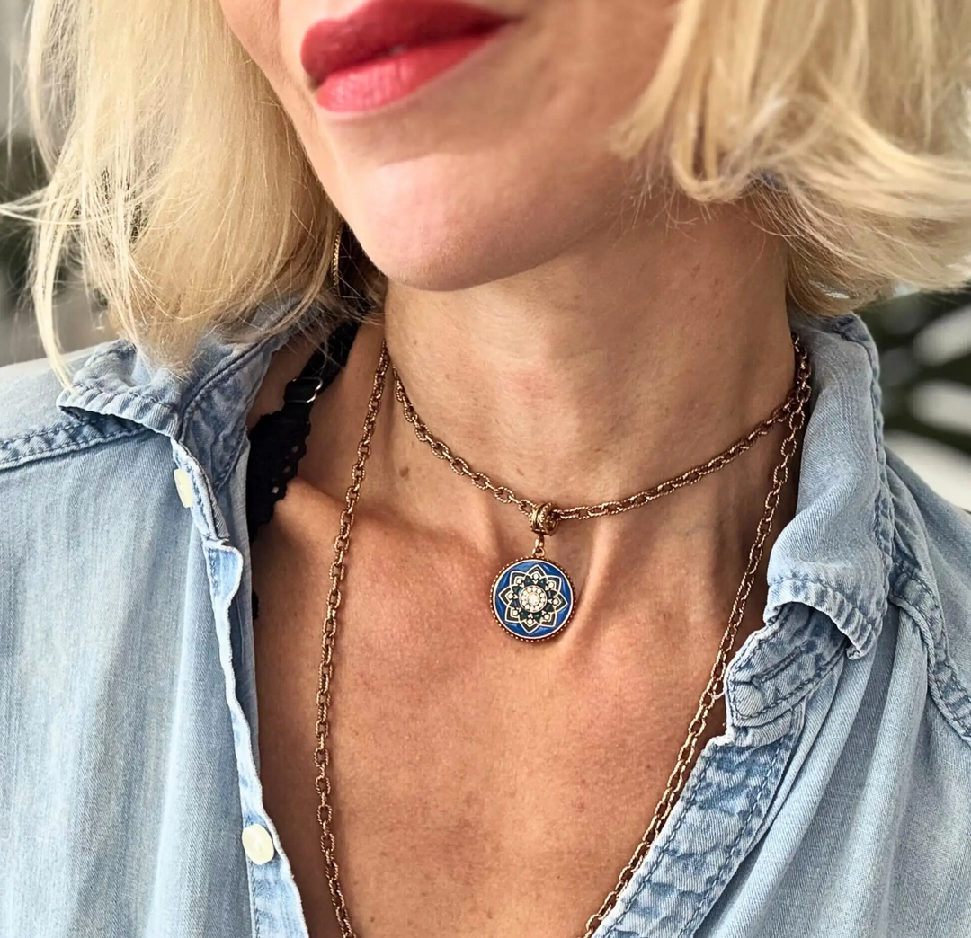 I Am Enough Blue Enamel Mandala Pendant Necklace