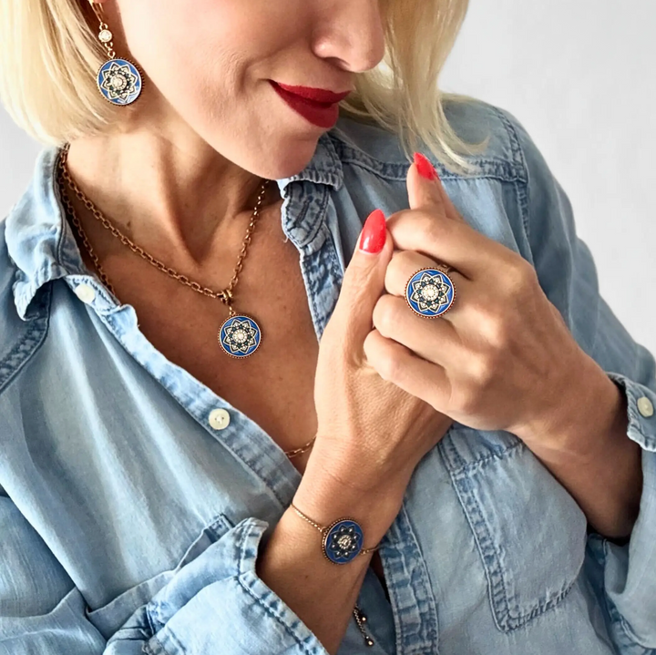 I Am Enough Blue Enamel Mandala Pendant Necklace