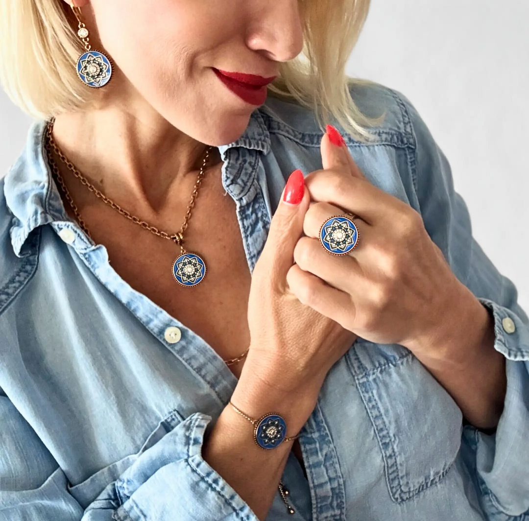 I Am Enough Blue Enamel Mandala Slider Bracelet