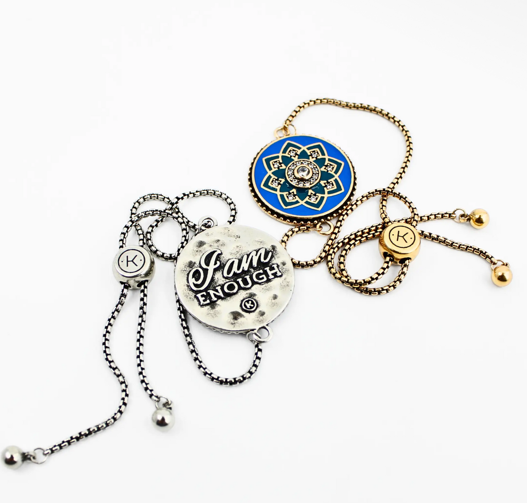 I Am Enough Blue Enamel Mandala Slider Bracelet