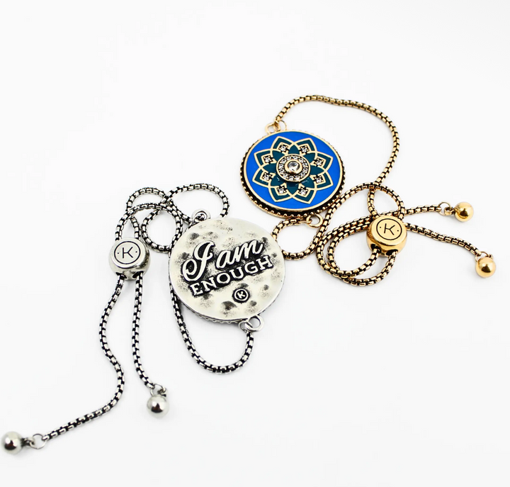I Am Enough Blue Enamel Mandala Slider Bracelet