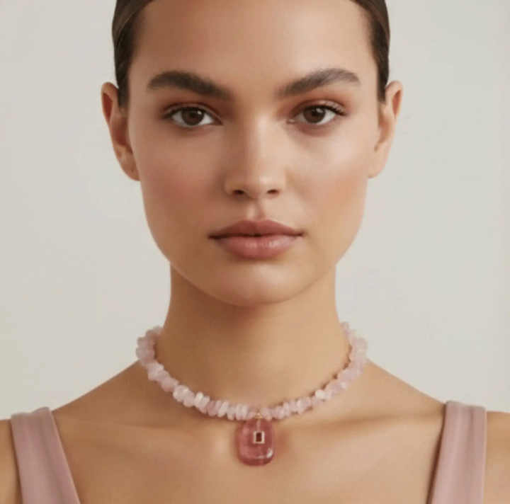 Natural Pink Quartz and Crystal Choker Necklace