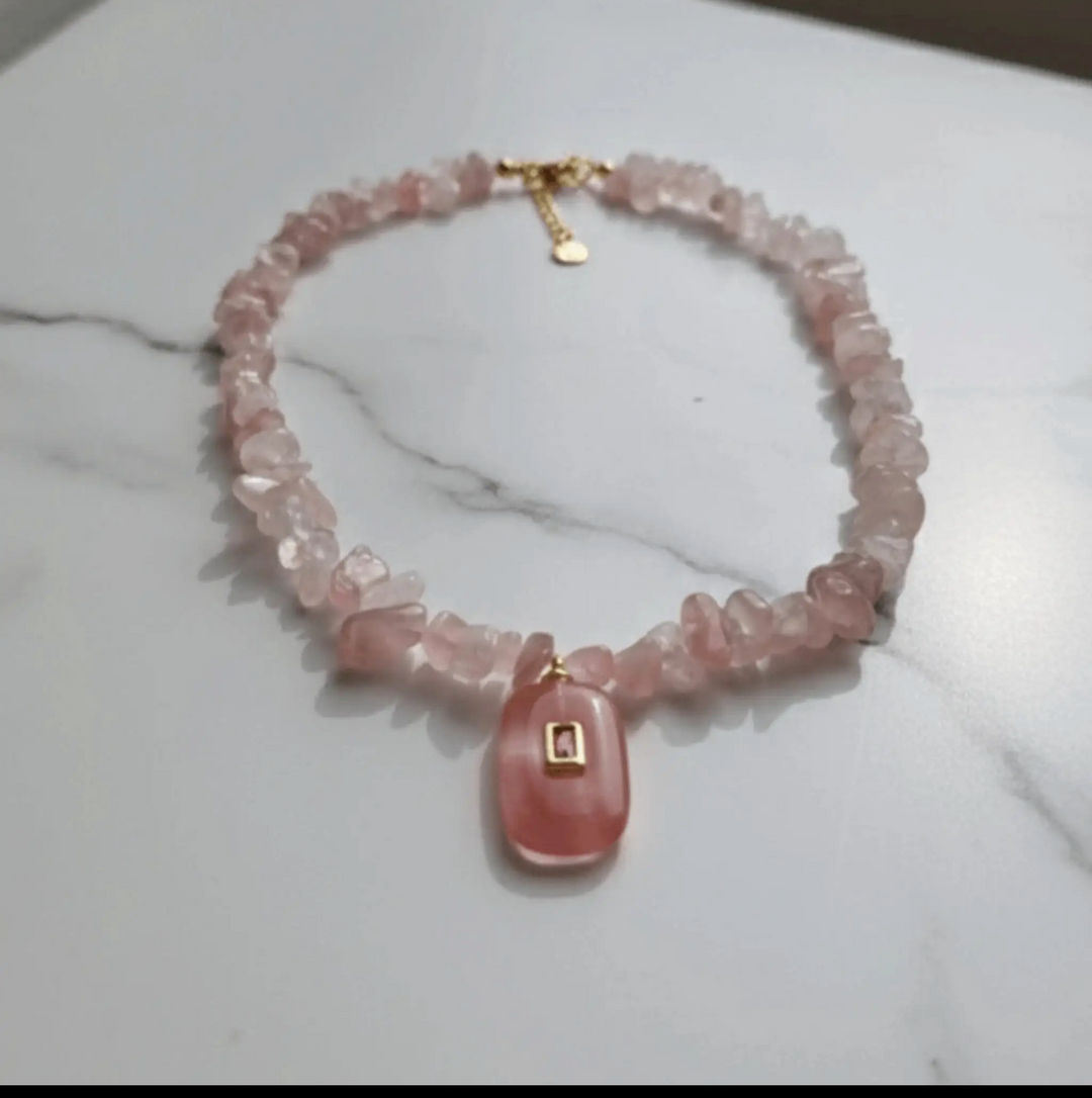 Natural Pink Quartz and Crystal Choker Necklace