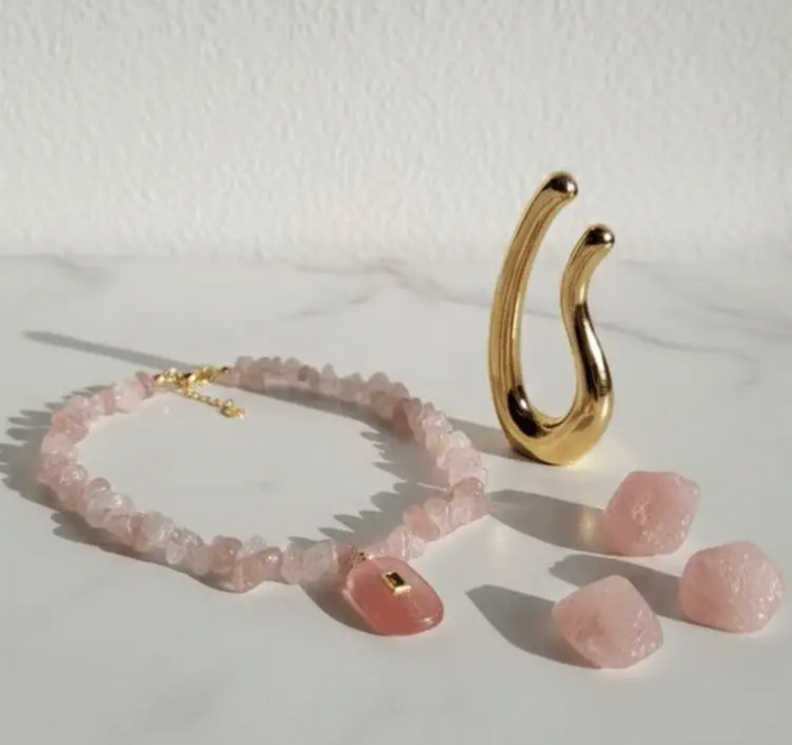 Natural Pink Quartz and Crystal Choker Necklace