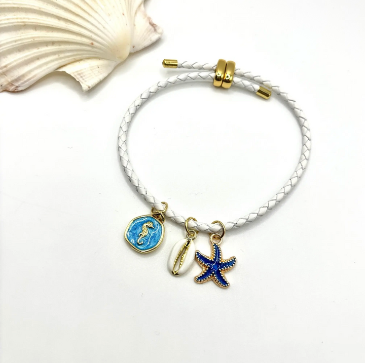 Charm Bracelet with White Leather-Blue