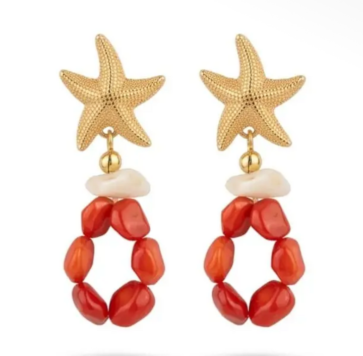 Hand Crafted Coral and Mother of Pearl and Gold Starfish Earrings