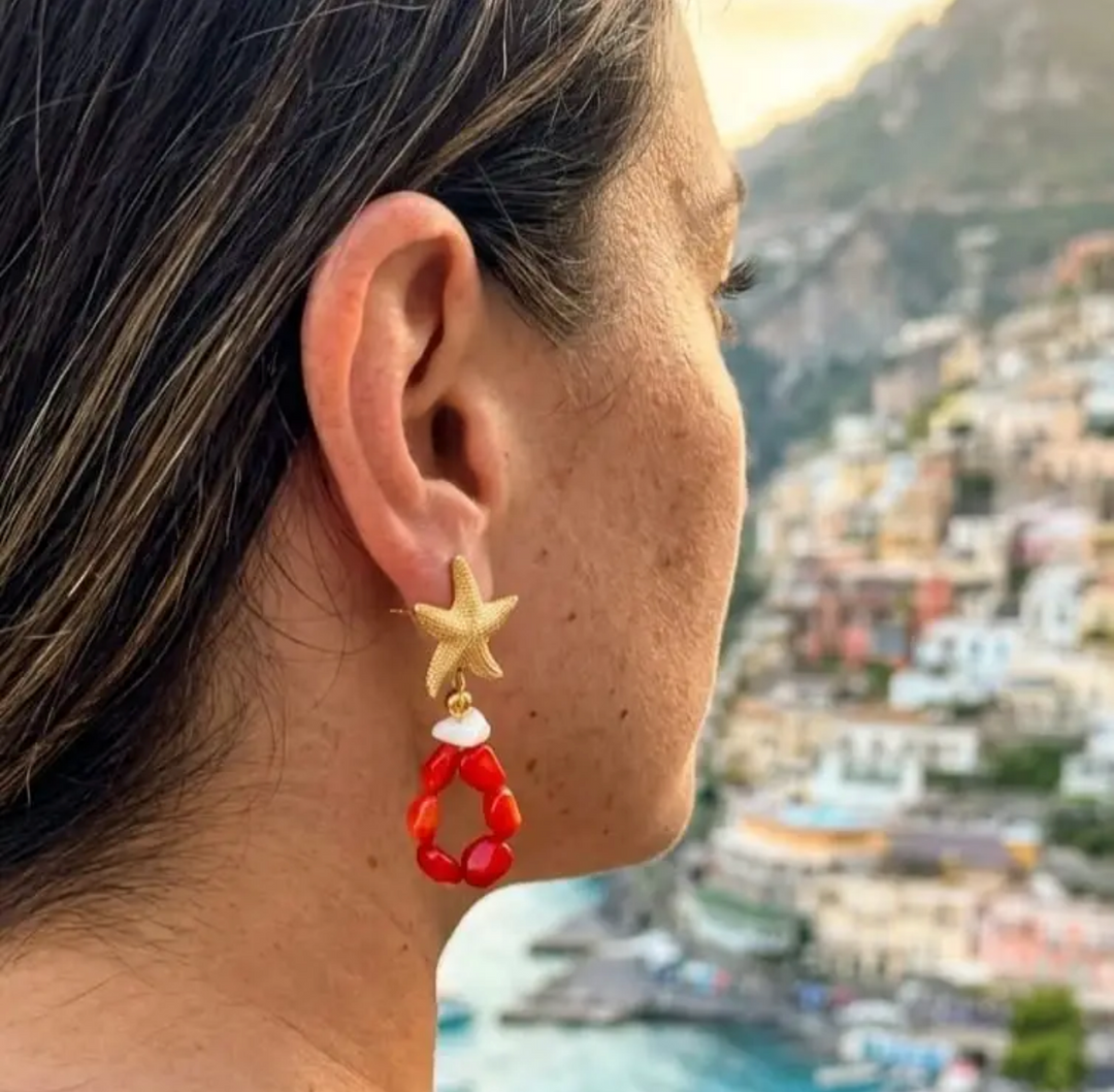 Hand Crafted Coral and Mother of Pearl and Gold Starfish Earrings