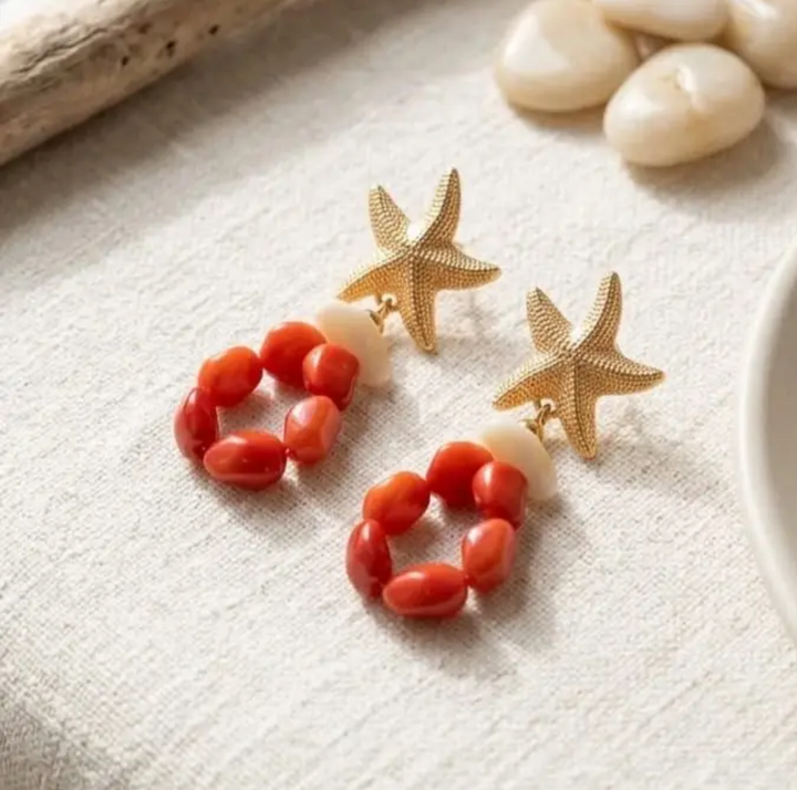 Hand Crafted Coral and Mother of Pearl and Gold Starfish Earrings