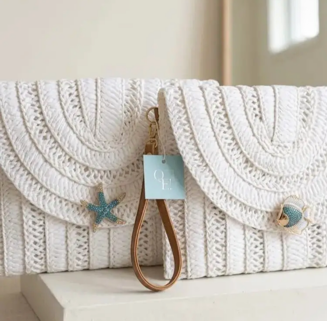 Clutch Straw Bag Handcrafted in Italy with Removable Starfish Brooch-White