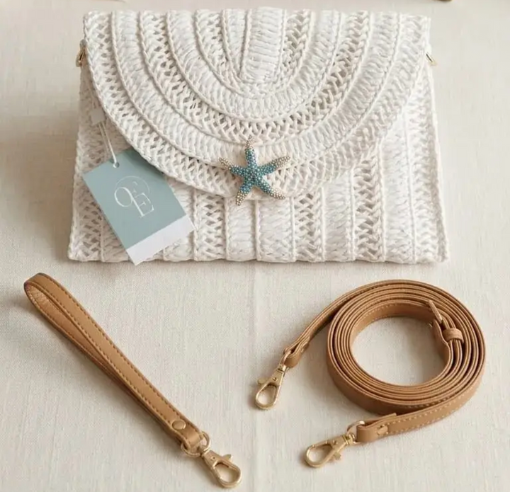Clutch Straw Bag Handcrafted in Italy with Removable Starfish Brooch-White