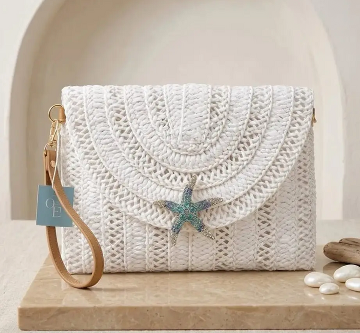 Clutch Straw Bag Handcrafted in Italy with Removable Starfish Brooch-White