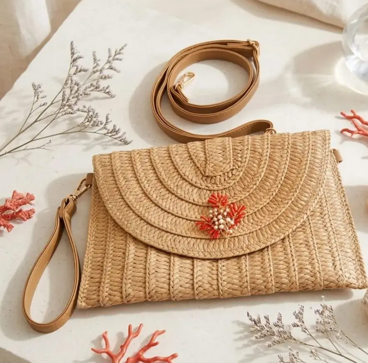 Clutch Straw Bag Handcrafted in Italy with Removable Coral Brooch-Natural
