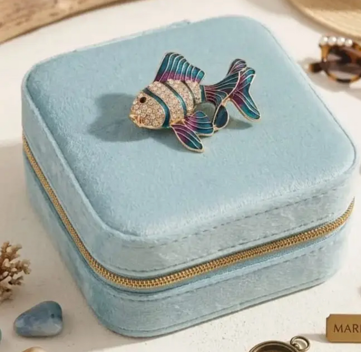 Jewelry Holder with Removable Fish Brooch-Tiffany Blue Velvet