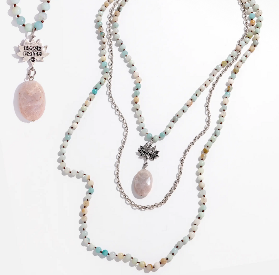 Have Faith Lotus Amazonite and Peach Quartz Necklace