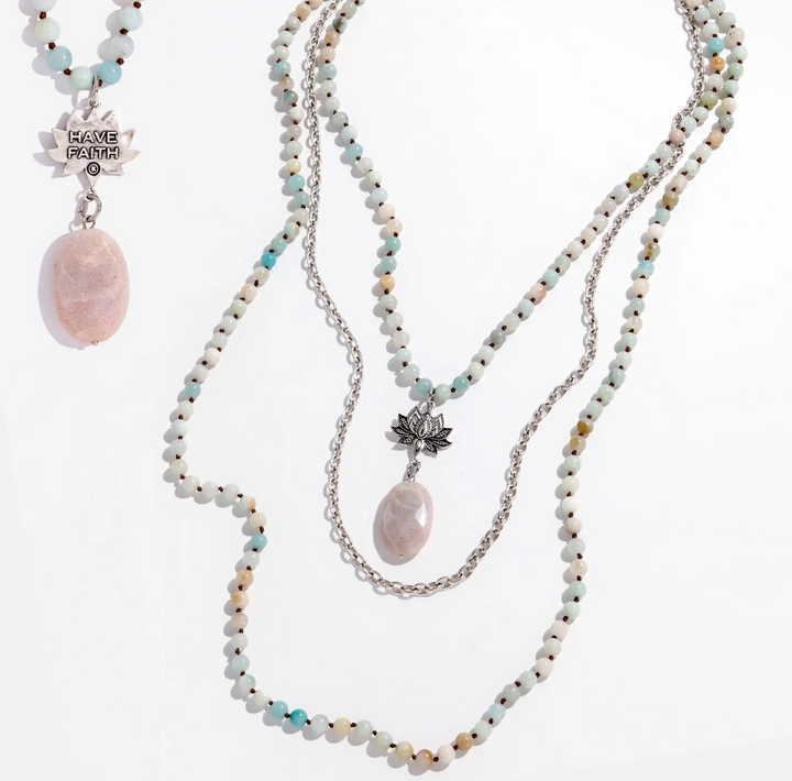 Have Faith Lotus Amazonite and Peach Quartz Necklace
