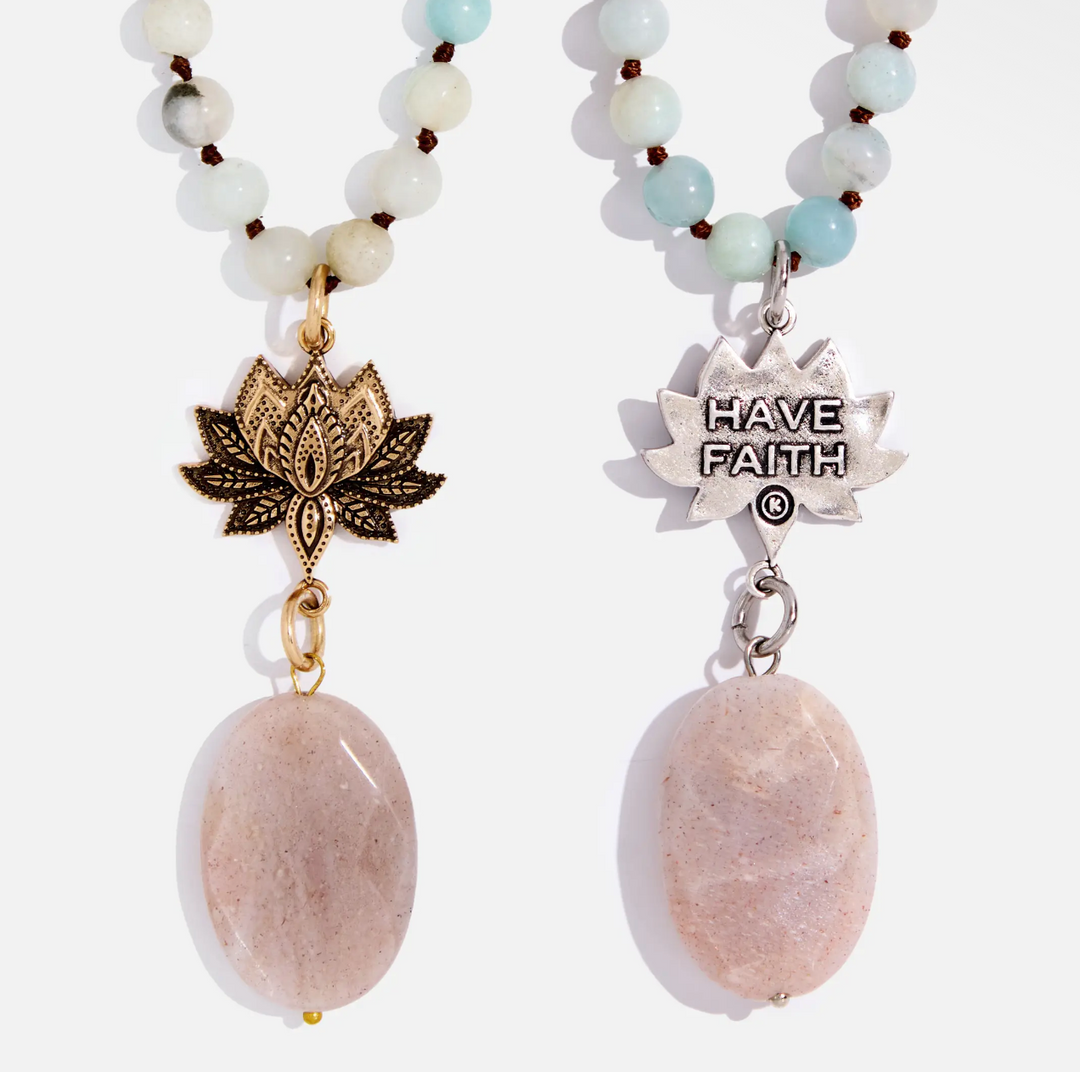 Have Faith Lotus Amazonite and Peach Quartz Necklace