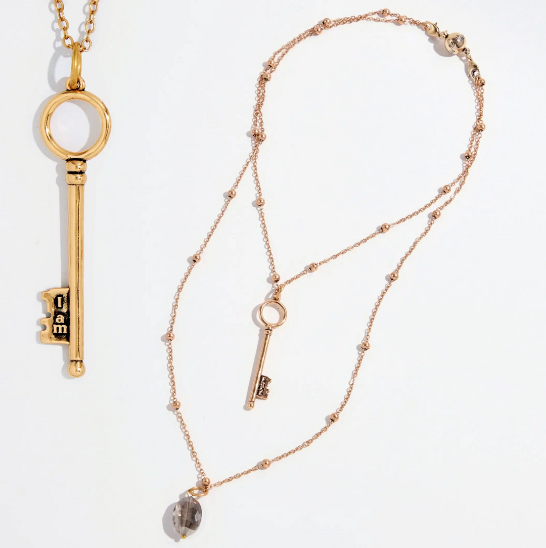I Am Free Key and Smoky Crystal Dainty Necklace-Gold