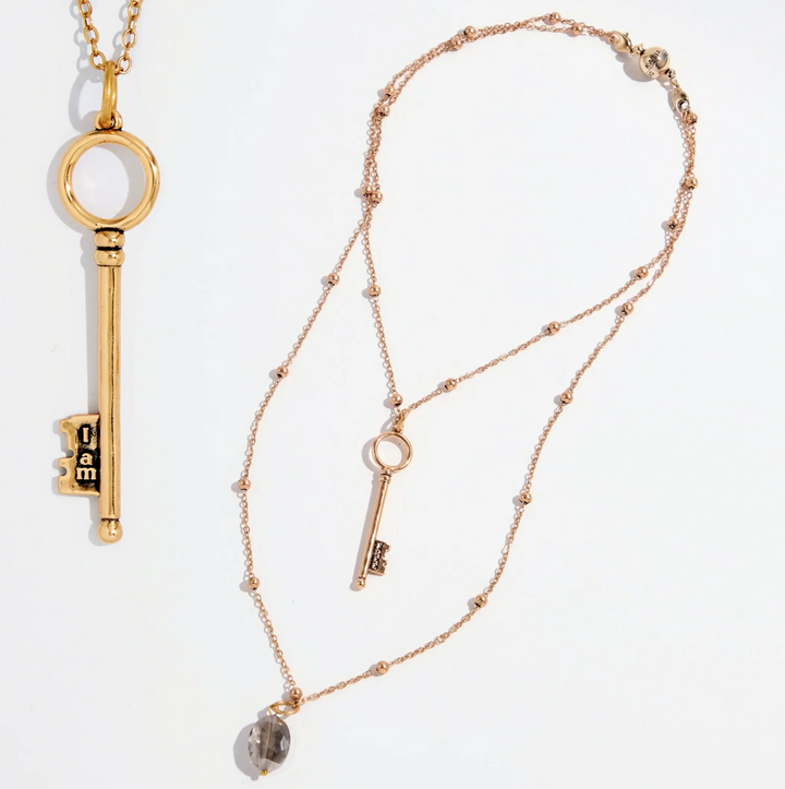 I Am Free Key and Smoky Crystal Dainty Necklace-Gold
