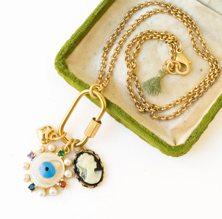 Evil Eye and Cameo Charm Necklace with Gold Carabiner