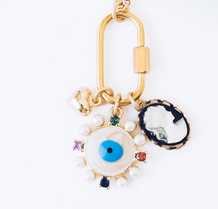 Evil Eye and Cameo Charm Necklace with Gold Carabiner
