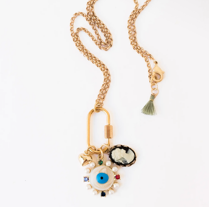 Evil Eye and Cameo Charm Necklace with Gold Carabiner