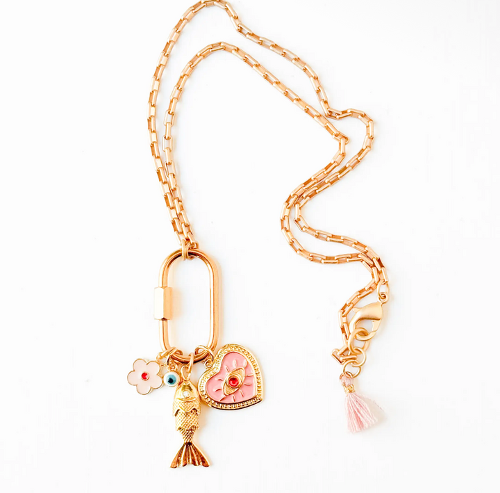 Gold Carabiner Charm Necklace with Fish and Pink Heart Charm