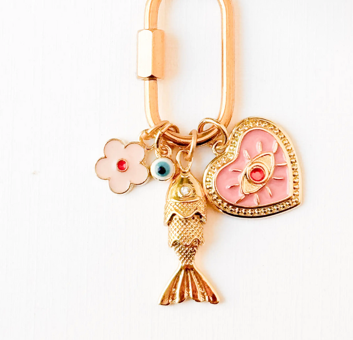 Gold Carabiner Charm Necklace with Fish and Pink Heart Charm