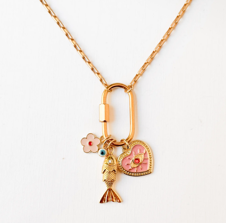 Gold Carabiner Charm Necklace with Fish and Pink Heart Charm
