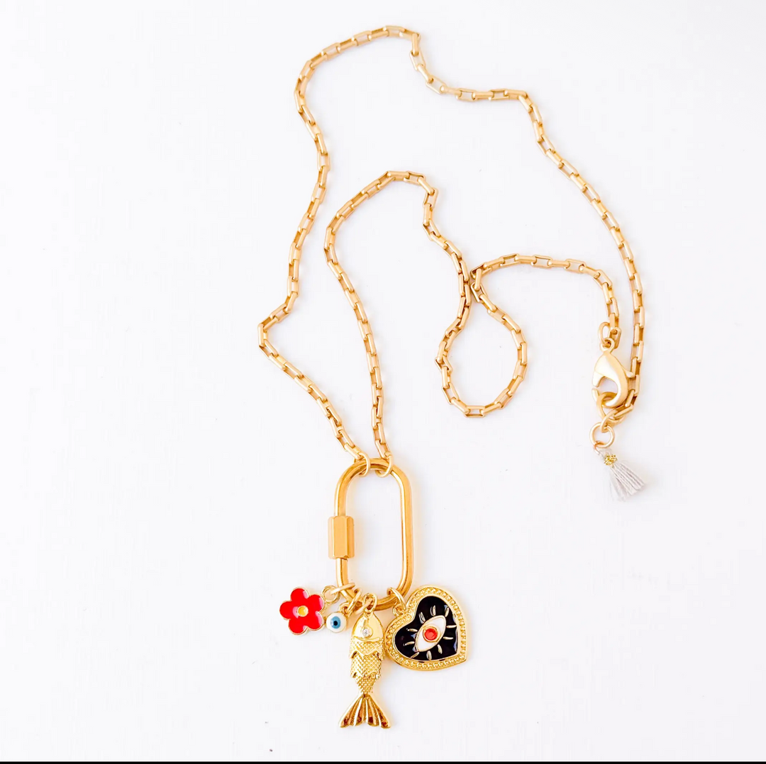 Gold Carabiner Charm Necklace with Black Heart, Fish and Charms