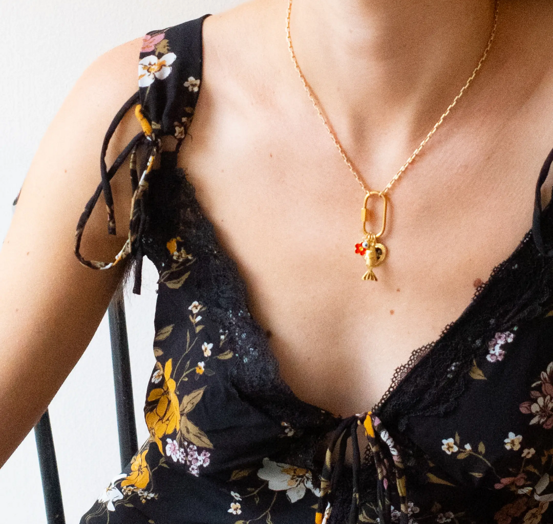 Gold Carabiner Charm Necklace with Black Heart, Fish and Charms