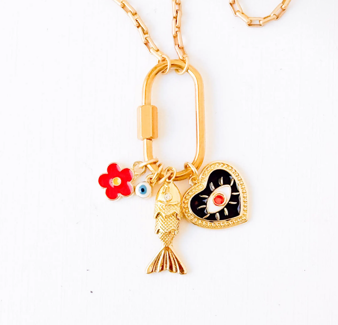 Gold Carabiner Charm Necklace with Black Heart, Fish and Charms