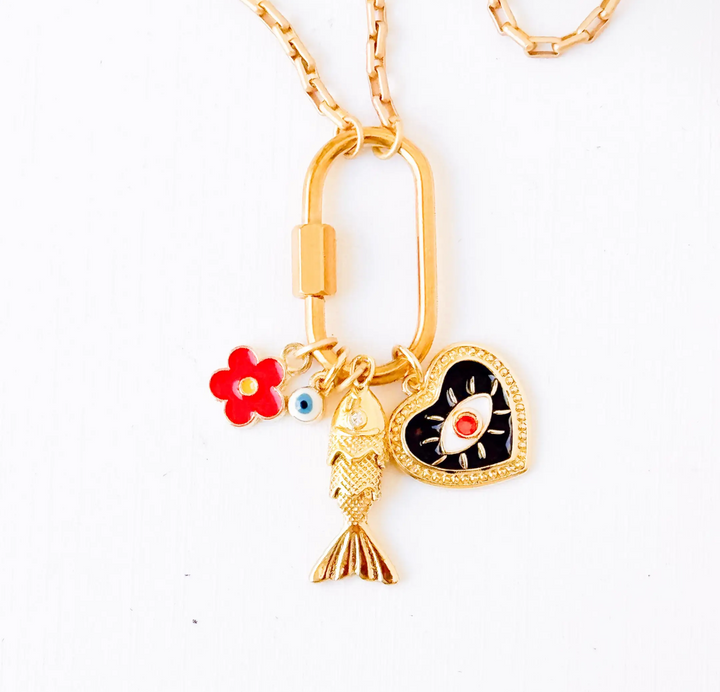 Gold Carabiner Charm Necklace with Black Heart, Fish and Charms