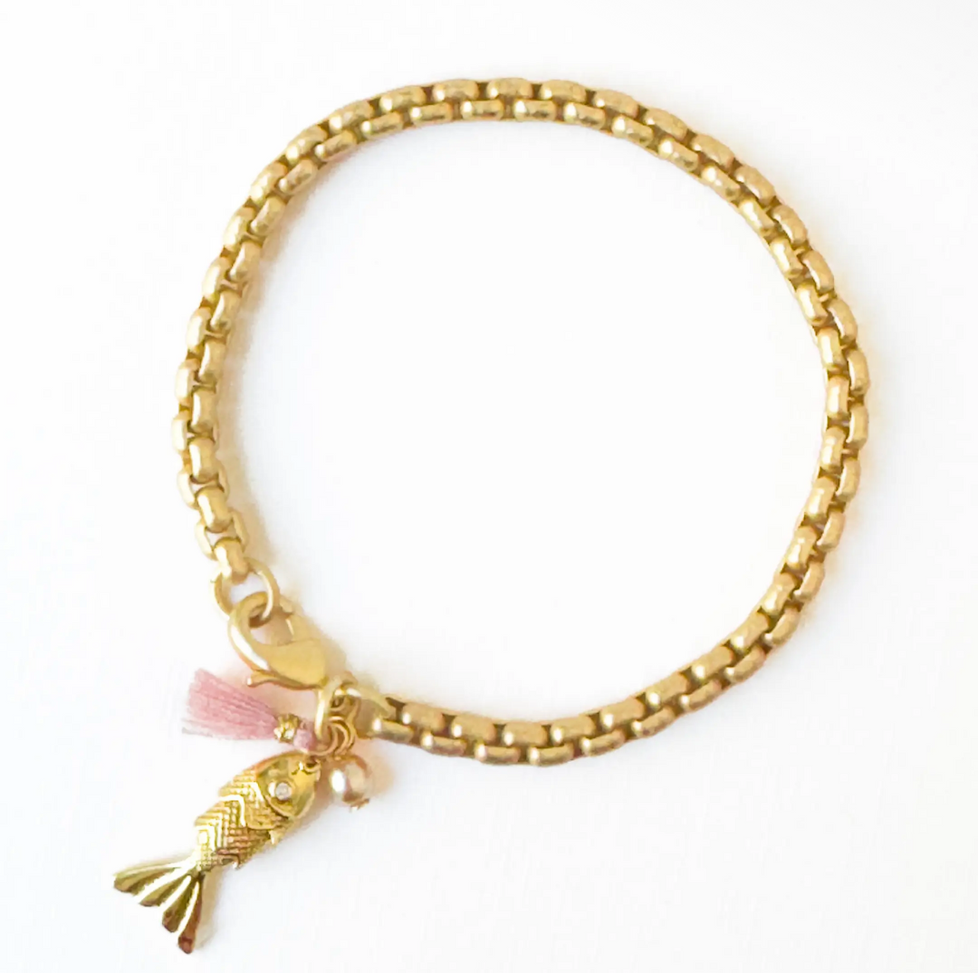 24K Gold Fish Charm Bracelet-Pink Tassel