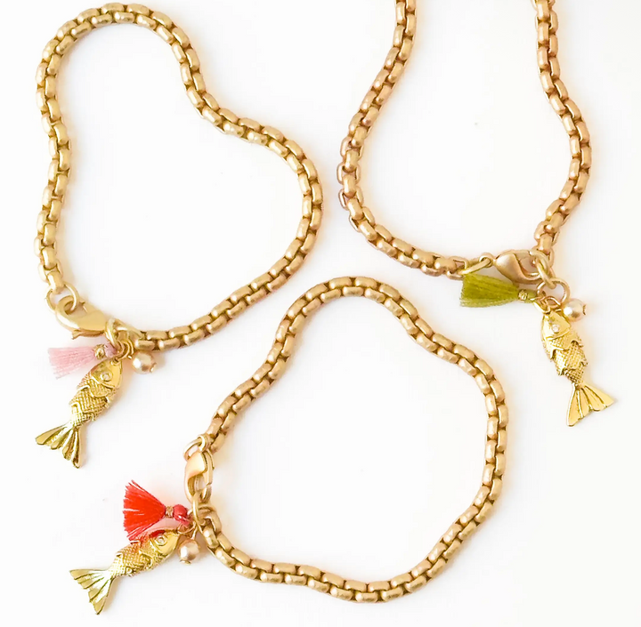 24K Gold Fish Charm Bracelet-Pink Tassel