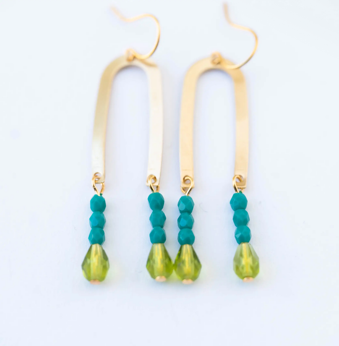 Long Arch Beaded Earrings-Green and Teal
