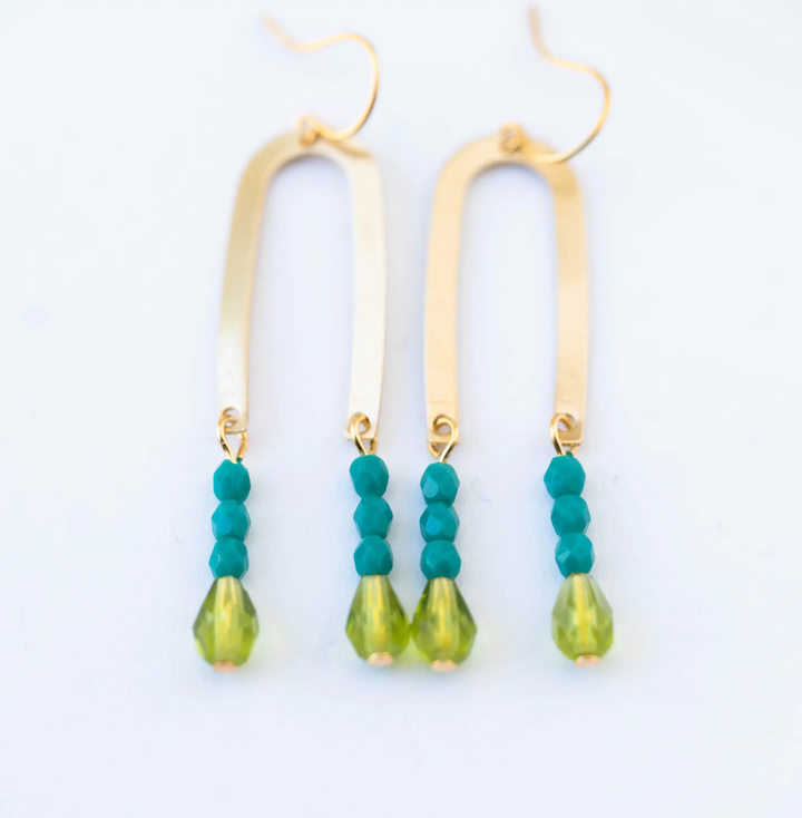 Long Arch Beaded Earrings-Green and Teal