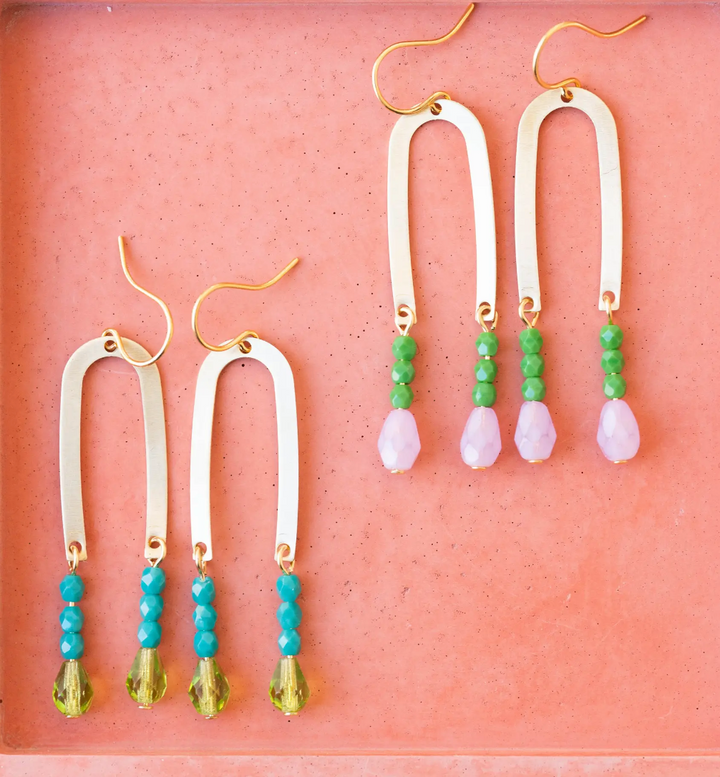 Long Arch Beaded Earrings-Green and Teal