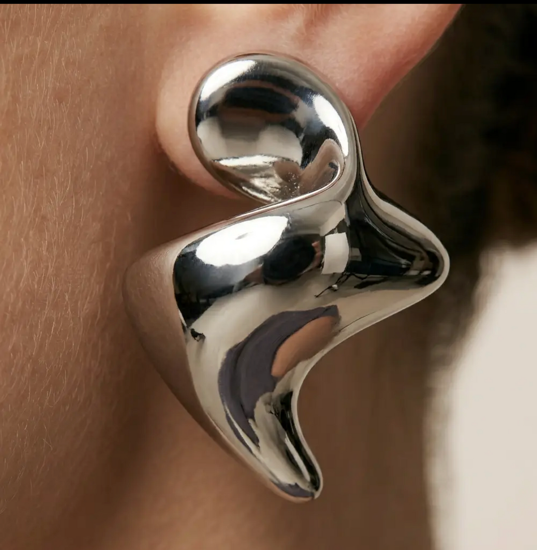 Rhodium Abstract Sculptural Fluid Stud Earrings
