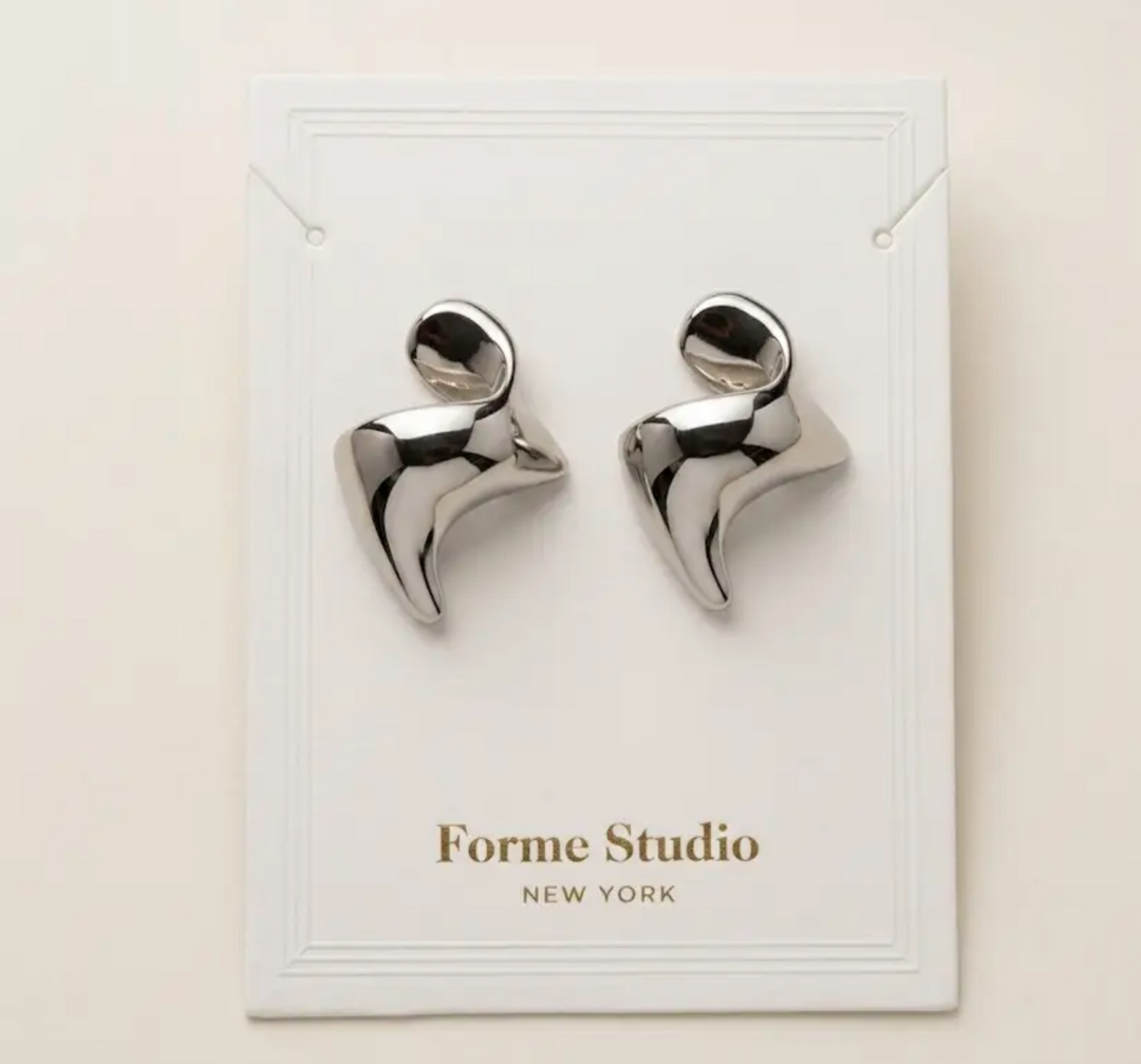 Rhodium Abstract Sculptural Fluid Stud Earrings