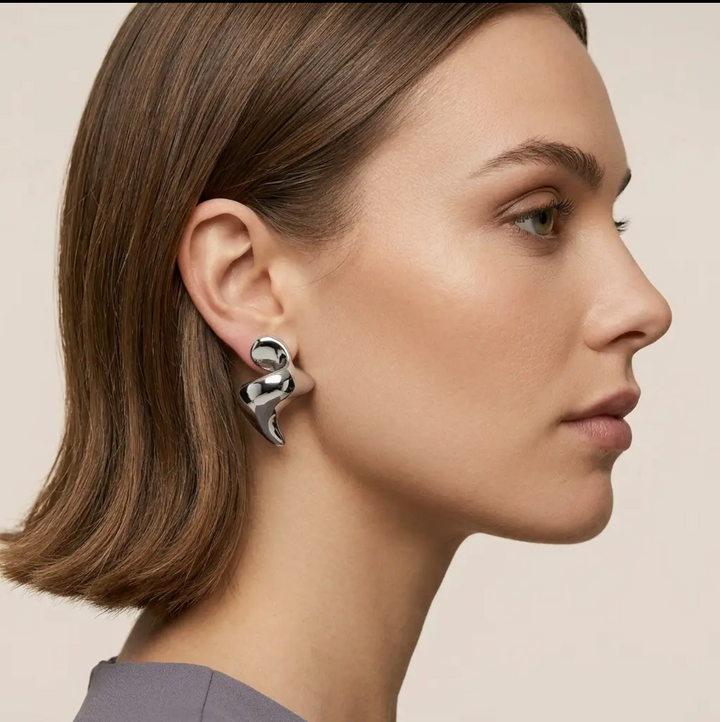 Rhodium Abstract Sculptural Fluid Stud Earrings