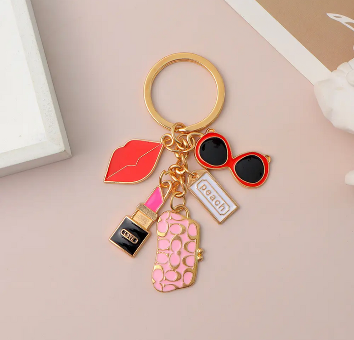 Keychain-Red Lipstick, Lips, Wallet, Sunglasses