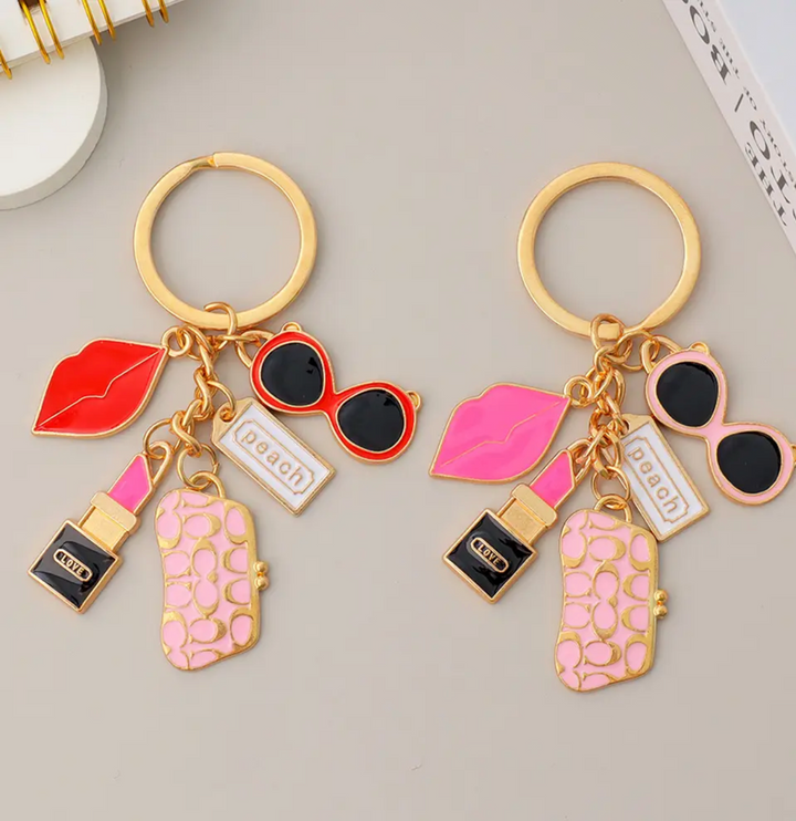 Keychain-Red Lipstick, Lips, Wallet, Sunglasses