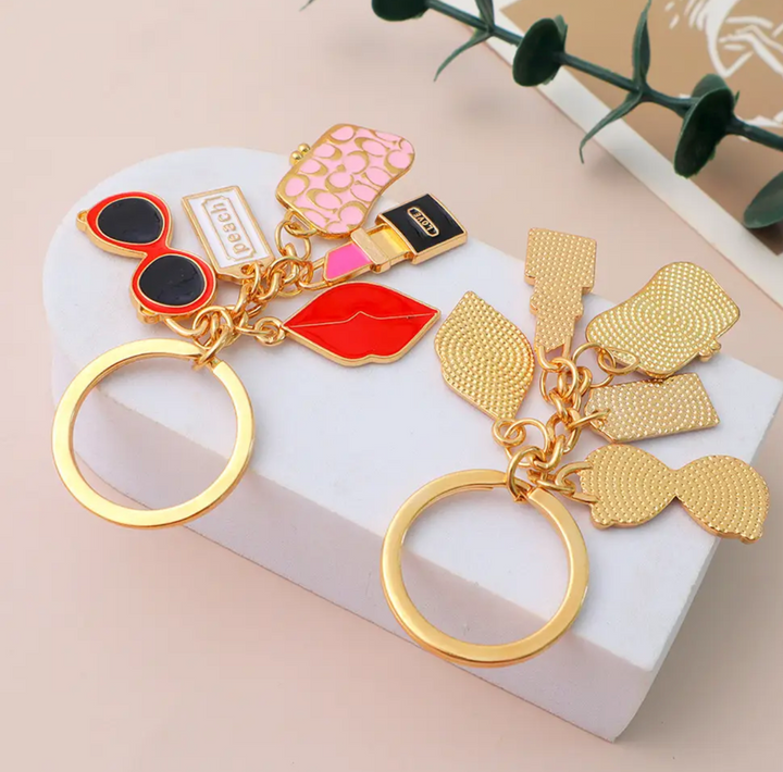 Keychain-Red Lipstick, Lips, Wallet, Sunglasses