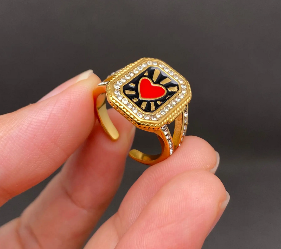 Zircon Inlaid Enamel 18K Gold Plated Steel Heart Ring.