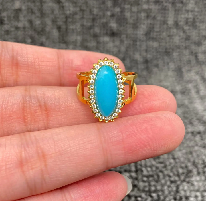 Inlaid Cubic Zirconia 18K Gold Plated Steel Oval Ring