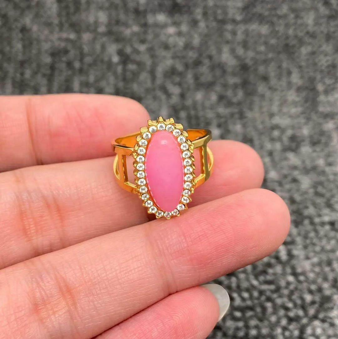 Inlaid Cubic Zirconia 18K Gold Plated Stainless Steel Oval Ring-Pink