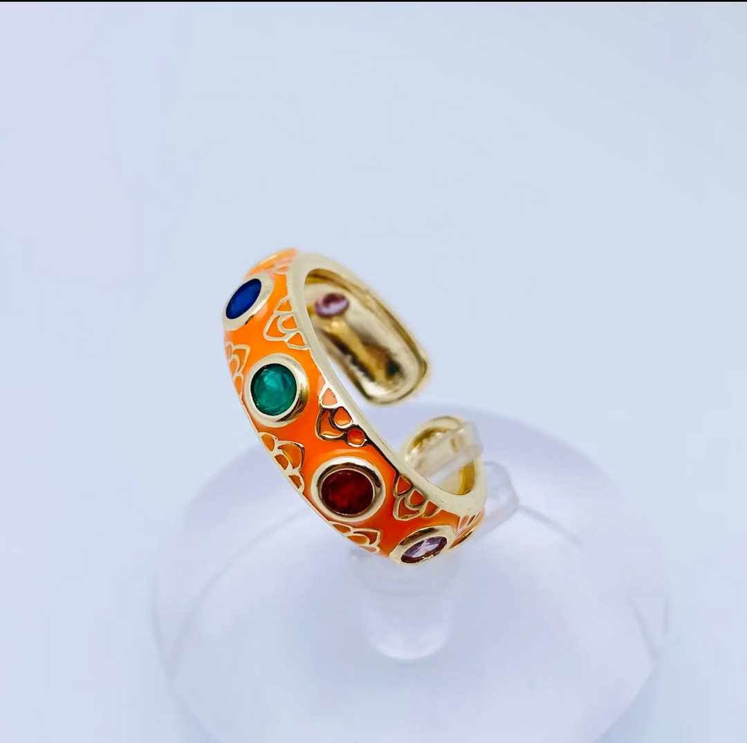 Cubic Zirconia and Enamel Adjustable Ring-Orange