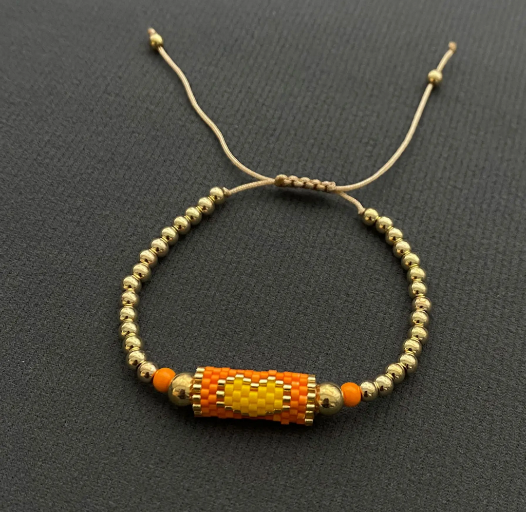 Boho Heart Patterned Seed Bead Bracelet-Orange